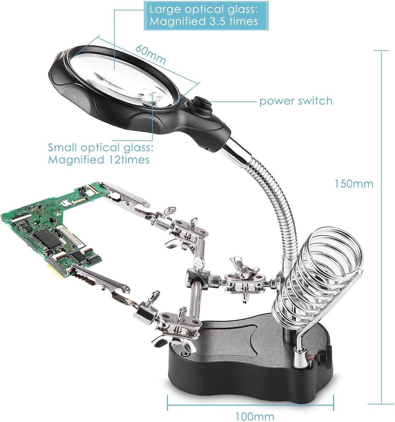 LED Light Stand Loupe, Lighted Helping Third Hands Clamp Clip Magnifying Soldering Stand Watch Jewelry Repair Loupe Magnifier (3.5X12)