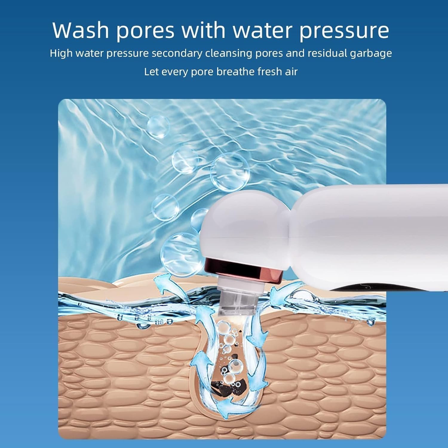 Diagram showing the blackhead remover using water pressure to wash pores and remove residual impurities, allowing pores to breathe.