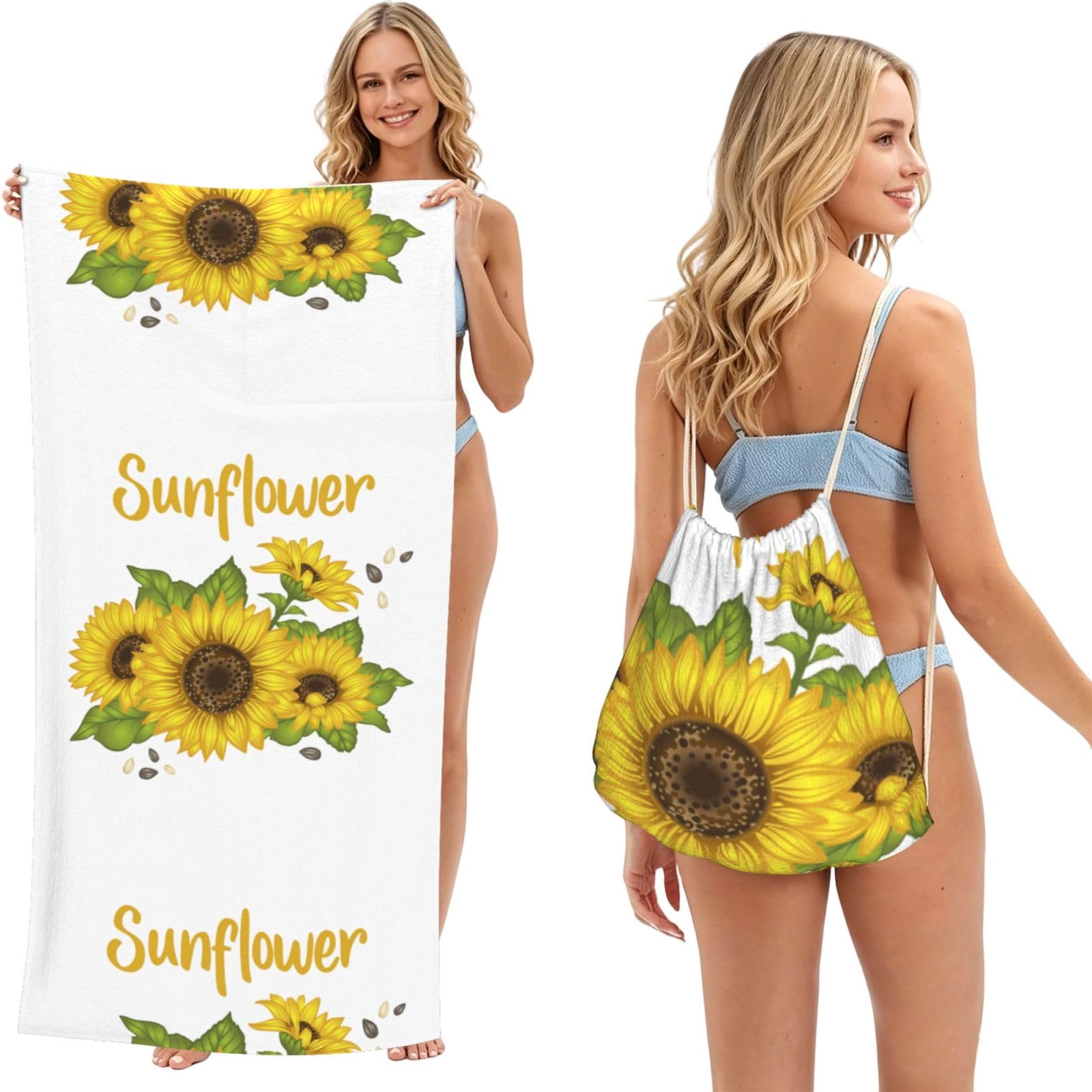 Poadnly As Picture Sunflower, 2 In 1 Packable Towel Bag, Beach Towels With Drawstring Backpack For Travel Holiday Camping