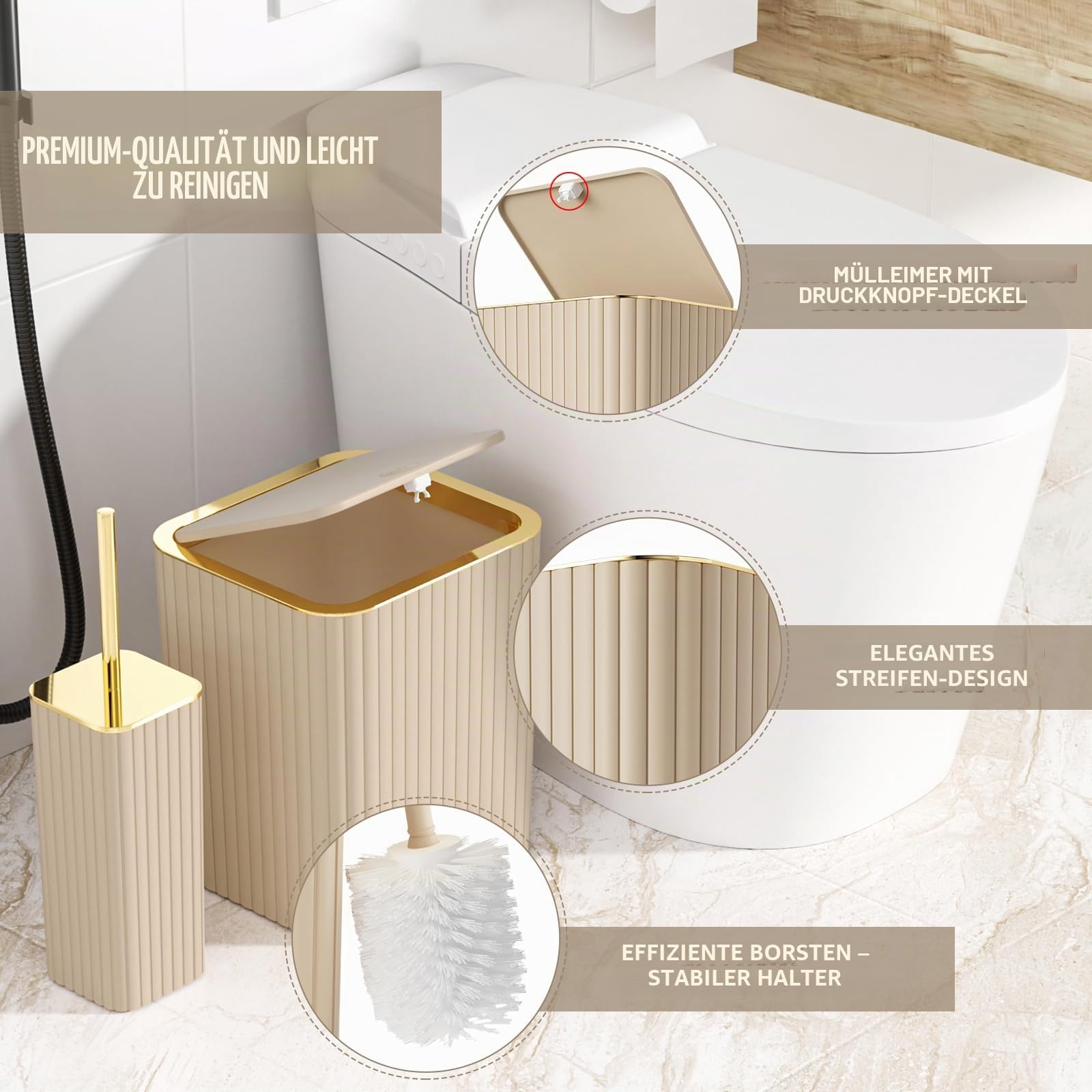 XLHOMO Badezimmer-Zubehör-Set – wunderschönes Badezimmer-Set, 10-teilig, beige, Badezimmer-Zubehör-Set, WC-Bürste, Mülleimer und Seifenspender