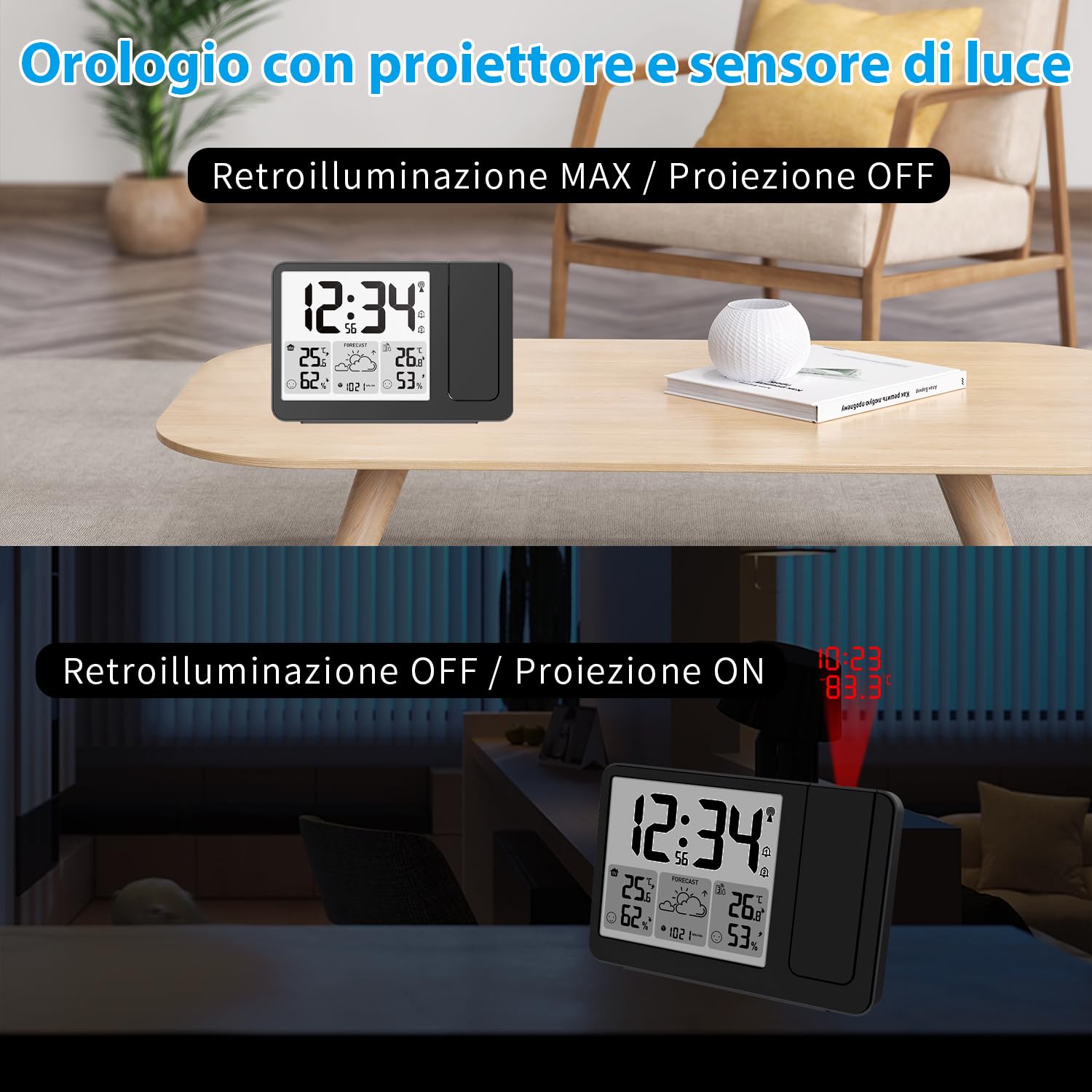 Uzoli EM3539E Sveglia con proiettore soffitto e stazione meteo, Orologio radiocontrollato, Temperatura, Umidità, Previsioni meteo, Livelli di comfort, Proiettore con rotazione a 180°, 1 Sensore