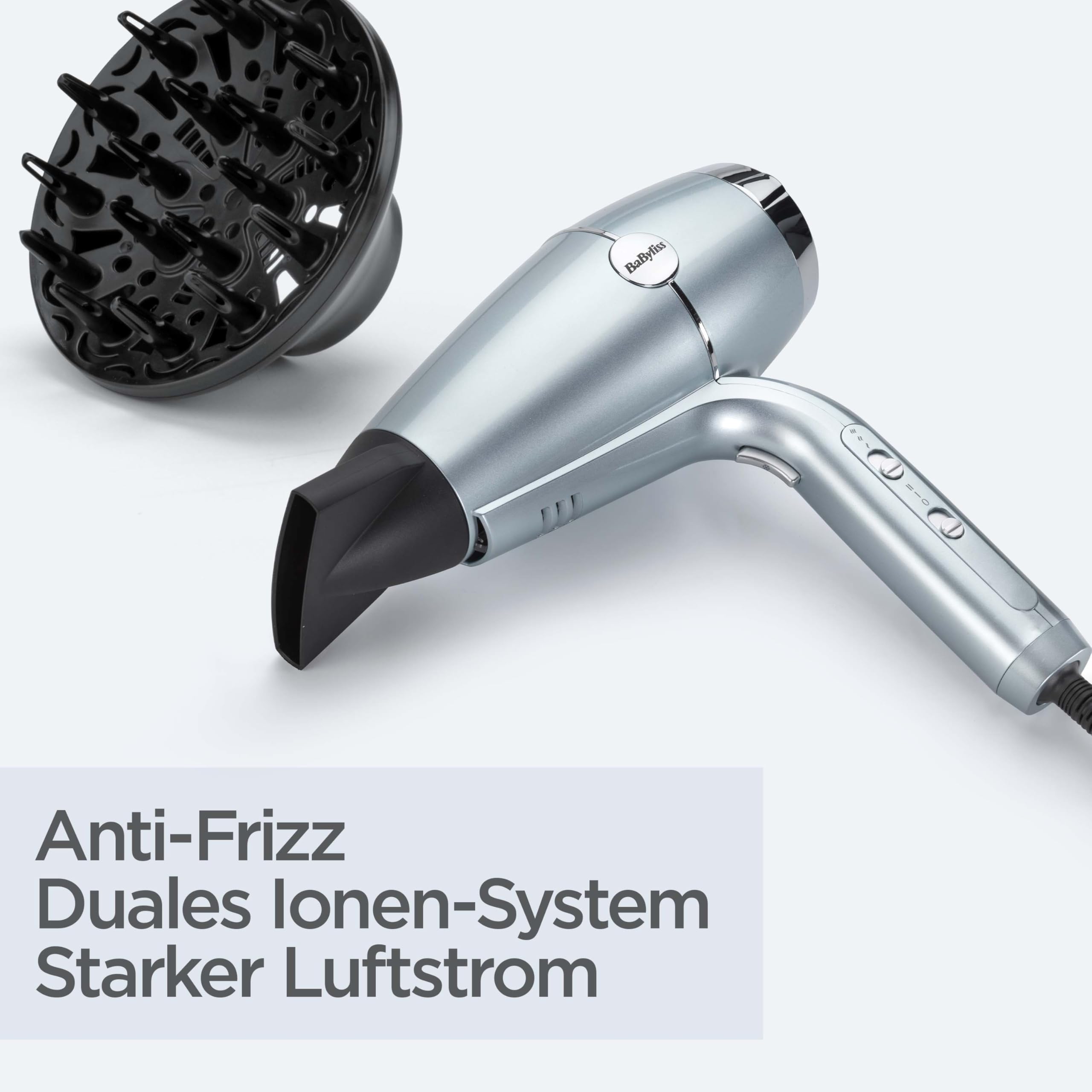 BaByliss Hydro‑Fusion Haartrockner mit Diffusor – Professioneller 2100‑W‑Ionen‑Föhn für frizzfreies Styling, Plasma‑Technologie für Glanz, leichtes Design, 3 Hitze‑ & 2 Gebläsestufen, Blau, D773DE