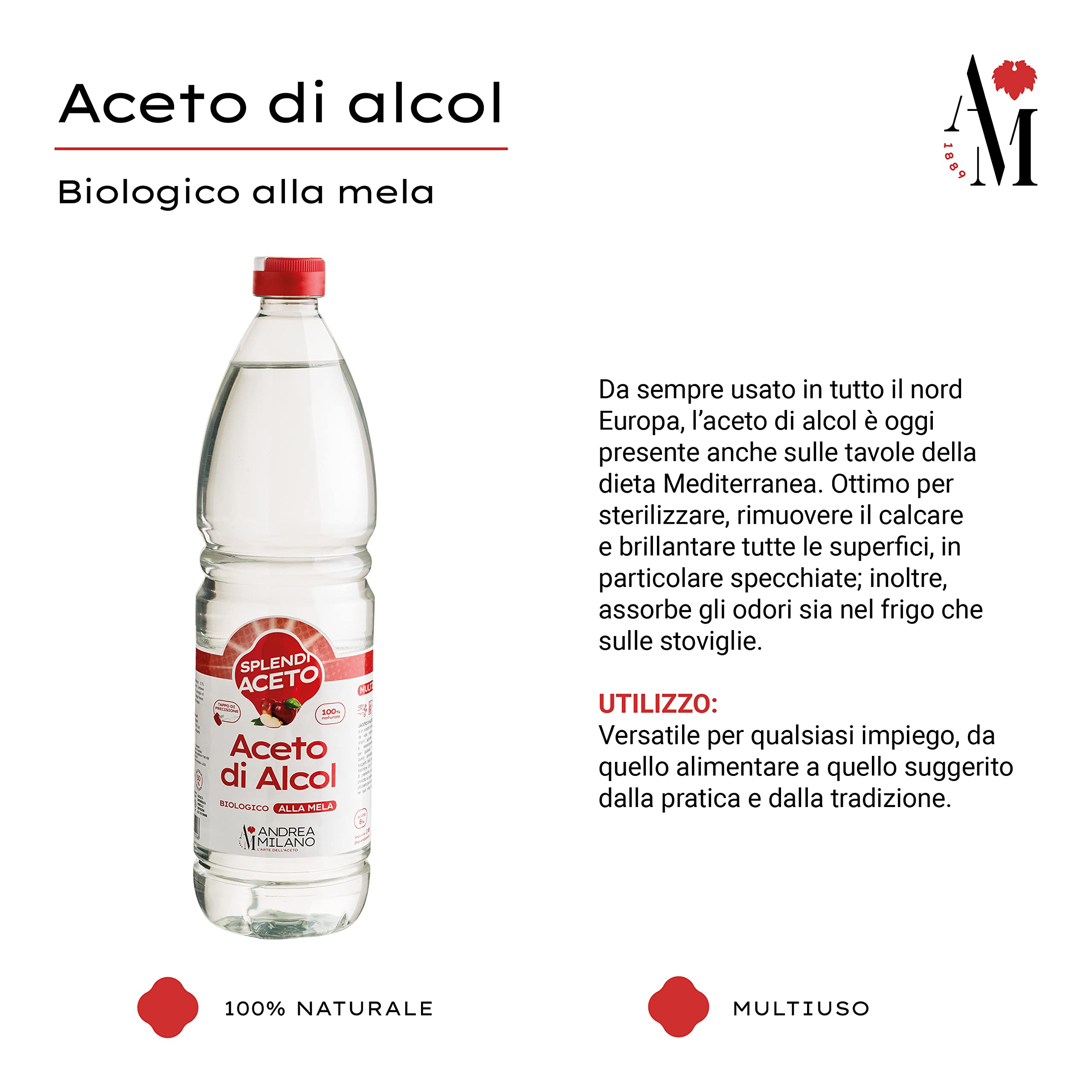 Andrea Milano, Splendi Aceto, Aceto di Alcool 100% Naturale Aromatizzato alla Mela, Acidità 8%, per Qualsiasi Impiego, Multiuso, Ideale per la Pulizia della la Casa, 12 Bottiglie PET da 1 L