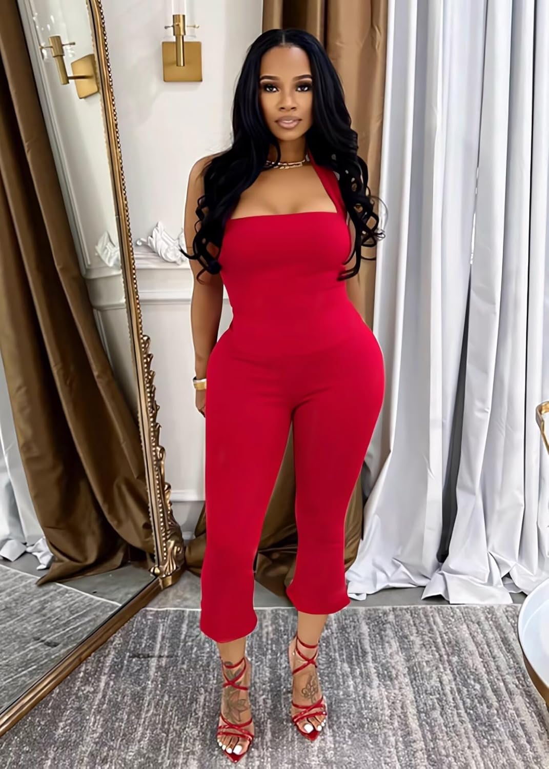 ThusFar Women Sexy 2 Piece Shorts Sets Outfits Halter Backless Crop Tops Bodycon Flared Pants Outfits Clubwear Romper - Image 2