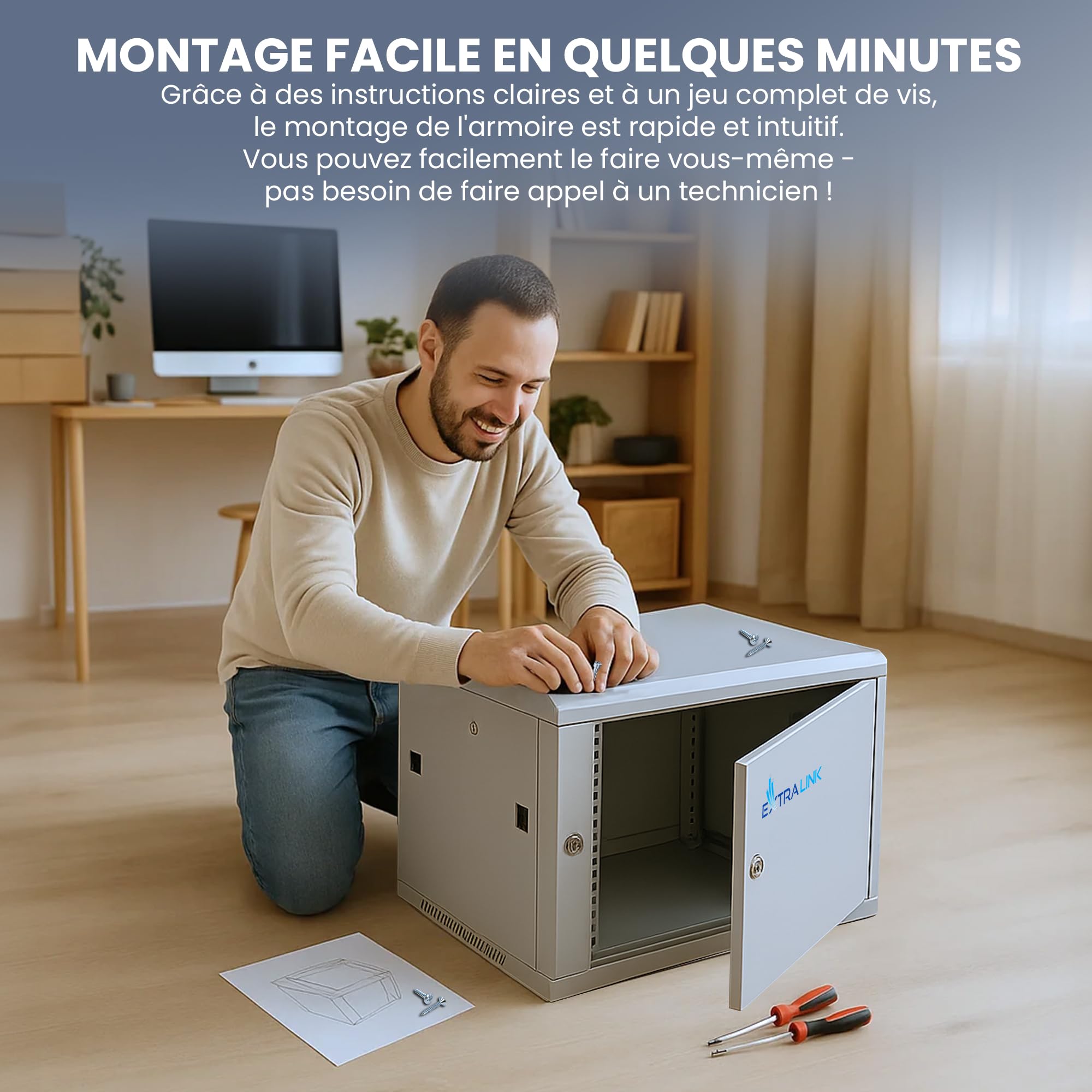 Extralink Baie de Brassage 19 Pouces 6U - Armoire réseau 600mm de Profondeur pour Montage Mural ou au Sol, Charge admissible 60kg, boîtier métallique, verrouillable Ouverture 180°, Gris