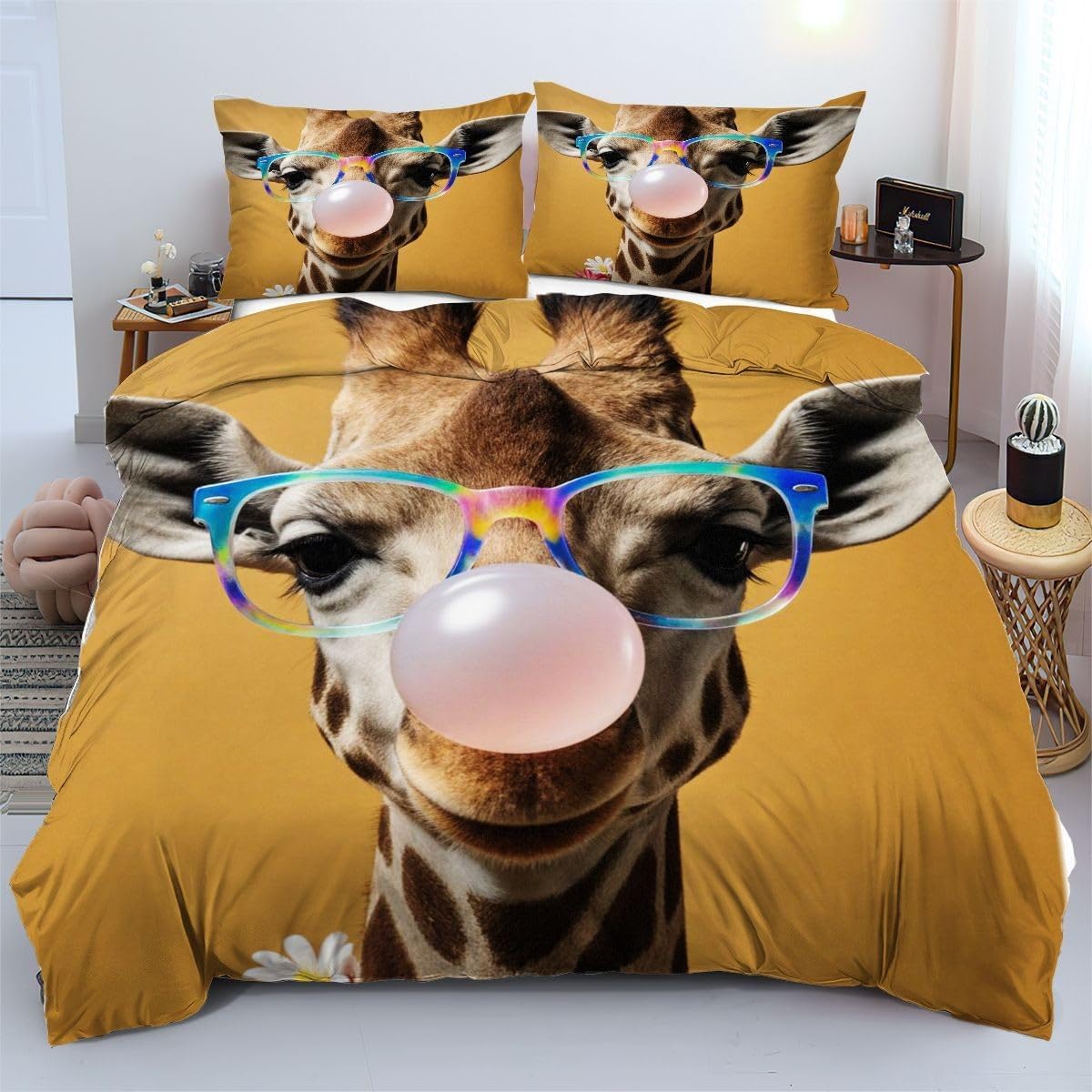 Linge de lit 220x240 cm girafe jaune pour une literie confortable d'adulte
