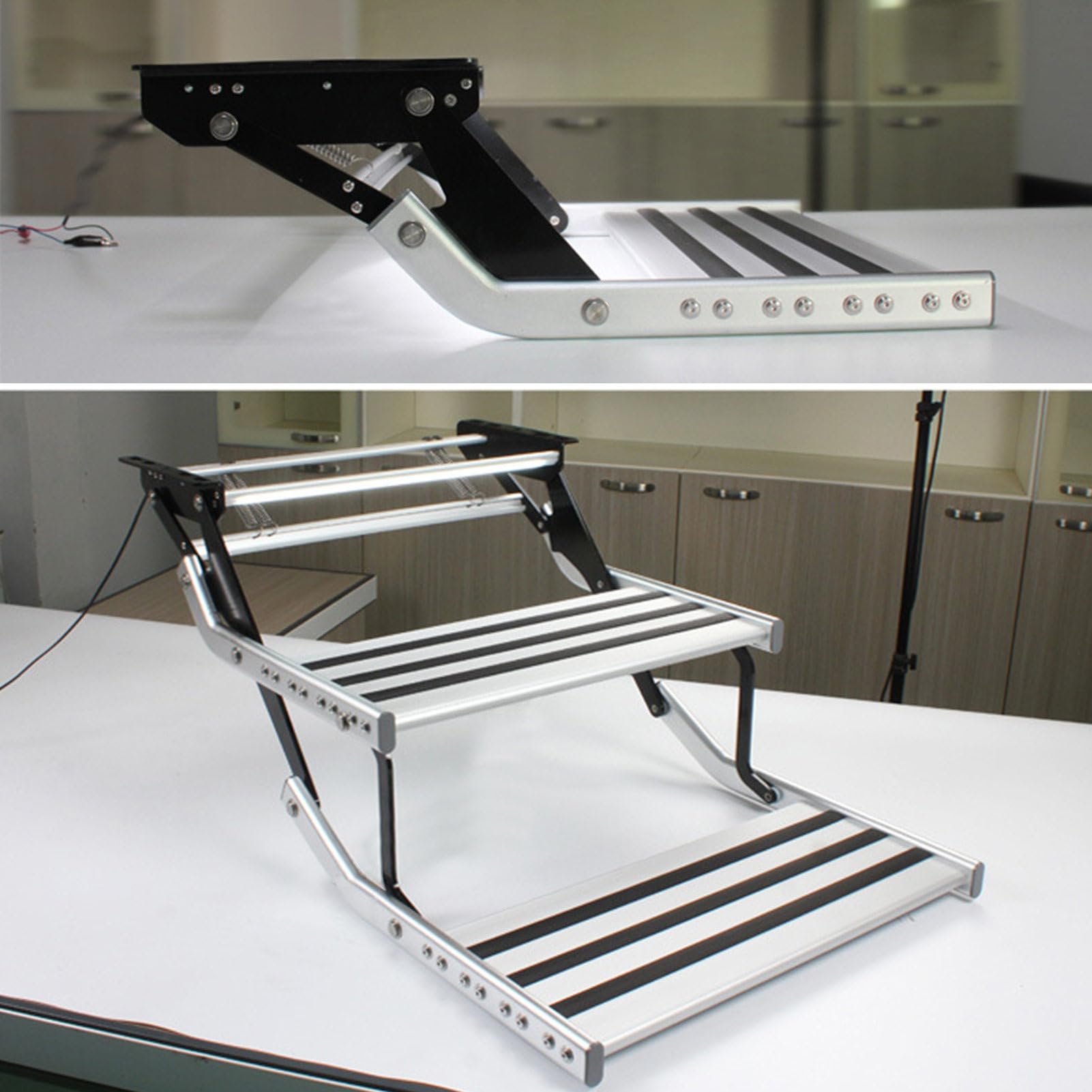 Elektrycznie składany stopień do przyczepy kempingowej ze światłem LED | Konstrukcja ze stopu aluminium o dużej wytrzymałości | Sterowanie przełącznikami i sterowanie (Singlelayer)