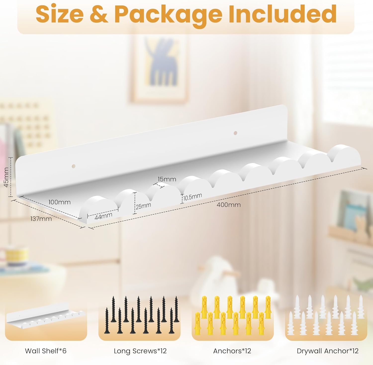 6-Pack Nursery Book Shelves, Scalloped Floating Shelves for Wall Kids, 15.7" Wood Wall Book Shelf for Bedroom Kids, Toddler Room, Baby Room, Nursery Decor,All White