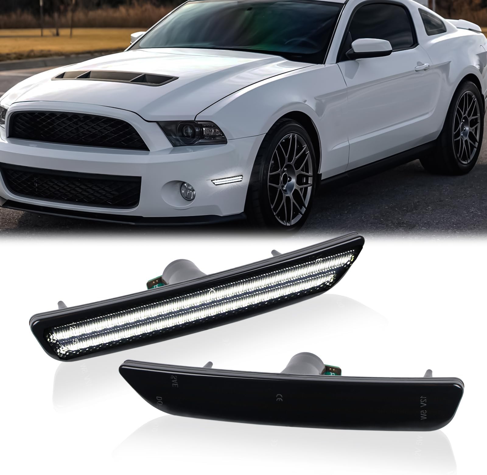 LED Side Marker Lights Front Bumper Fender White Parking Lamps for 2010-2014 Ford Mustang 2PCS, Smoked Len, 7929-1-W