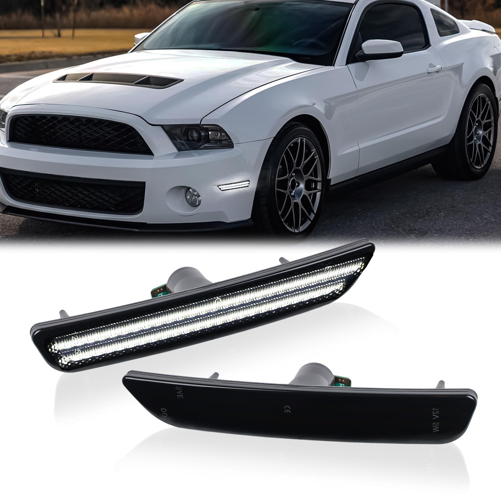 LED Side Marker Lights Front Bumper Fender White Parking Lamps for 2010-2014 Ford Mustang 2PCS, Smoked Len, 7929-1-W
