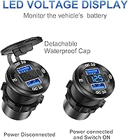 Vista 4 de Cargador de coche de aluminio de 12 V con salida USB de 12 V, puerto dual USB de carga rápida 3.0 y enchufe PD USB C con interruptor voltímetro