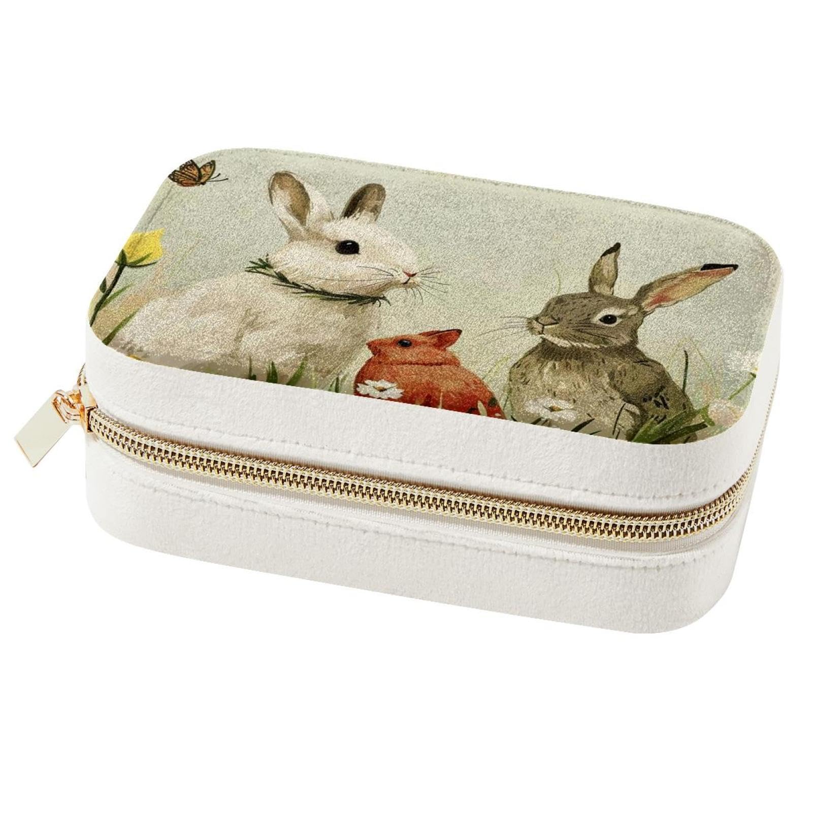 Boîte à bijoux portable lapin printanier pour bagues et colliers