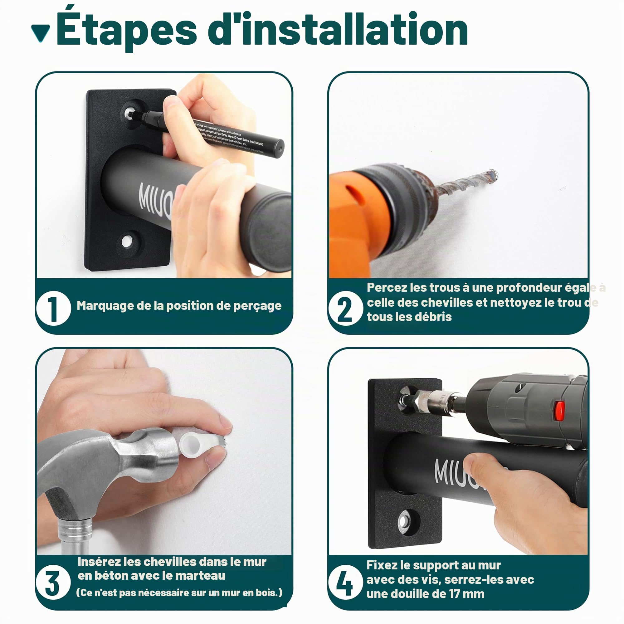 Lot de 4 supports de plaque de poids à fixation murale pour disques olympiques de 5,1 cm