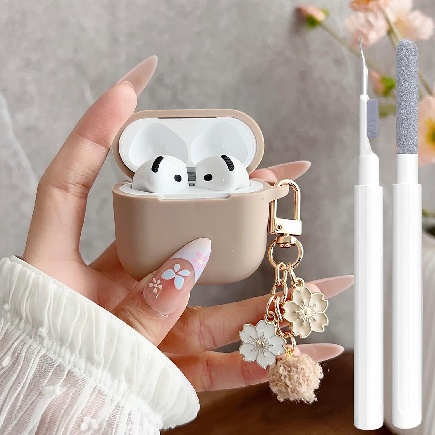 Cute Case for Airpods Pro 2/1 Cover for Girl Women with Pom pom Flower Keychain & Cleaner Kit, Soft Silicone Airpods iPod Pro 2/1 Gen Protective Cover Skin for Airpod Pro, Black image 3