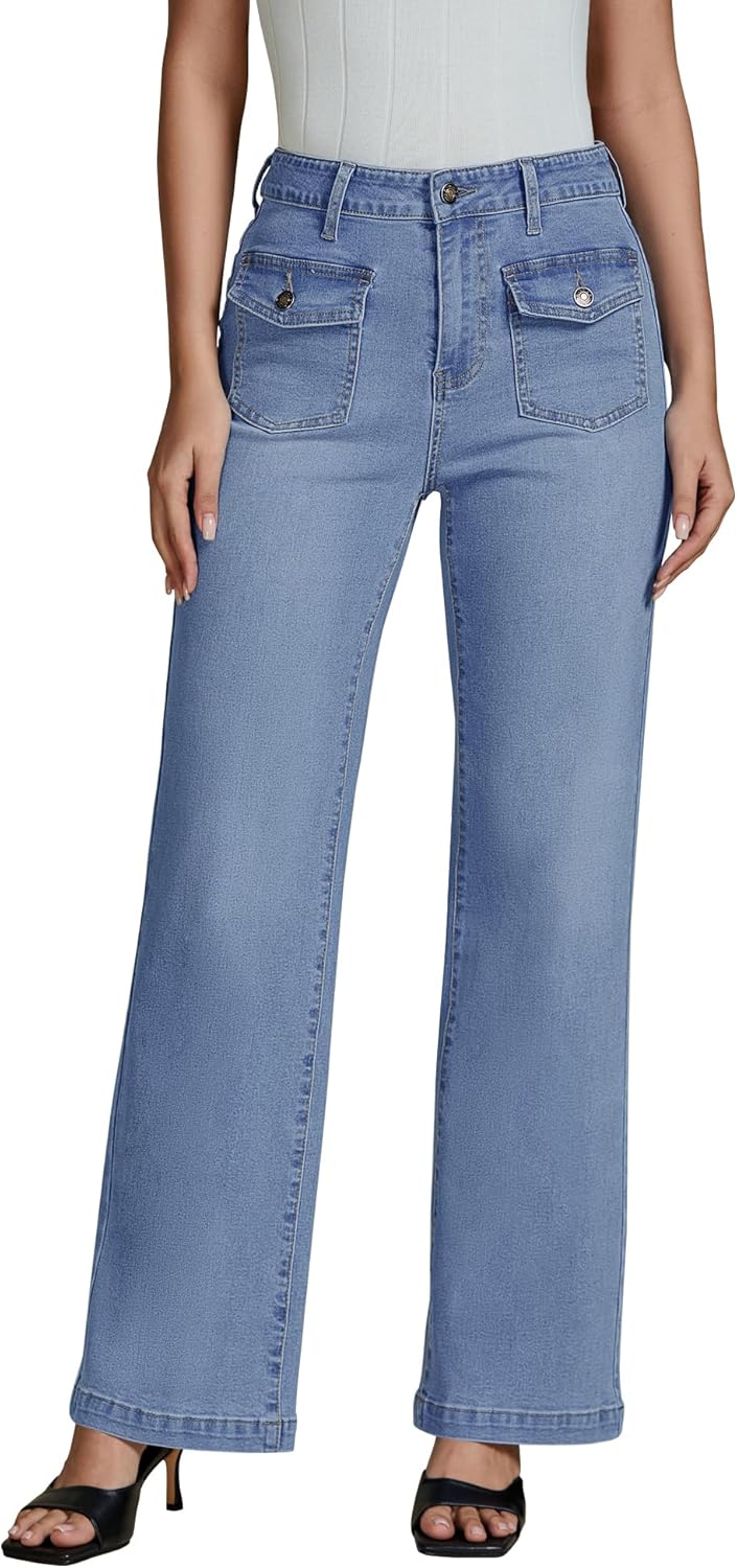 luvamia Wide Leg Jeans Woman High Waisted Trendy Stretchy Denim Work Trouser Jeans with Retro Button Flap Patch Pockets