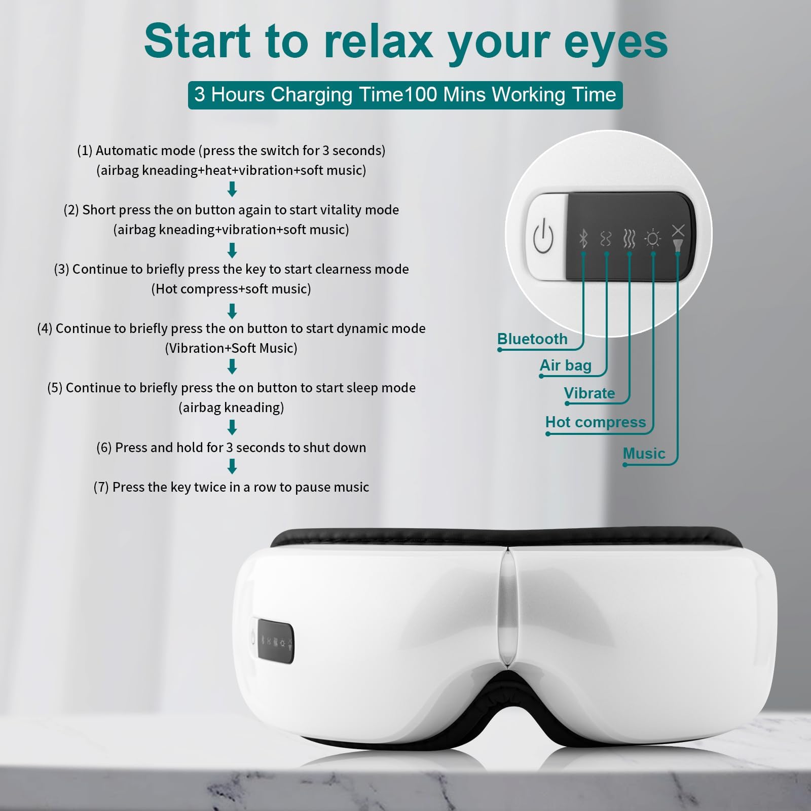 Masajeador de Ojos con Calor, Música Bluetooth, 5 Modos de Masaje y Diseño Plegable de 180°, Alivia el Dolor Ocular, Mejora la Sequedad Ocular y el Sueño