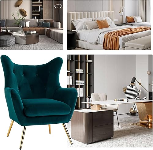 Miniatura 3 de HULALA HOME Silla decorativa de terciopelo, moderna silla con brazo con respaldo de alas con patas de metal dorado, silla individual tapizada de