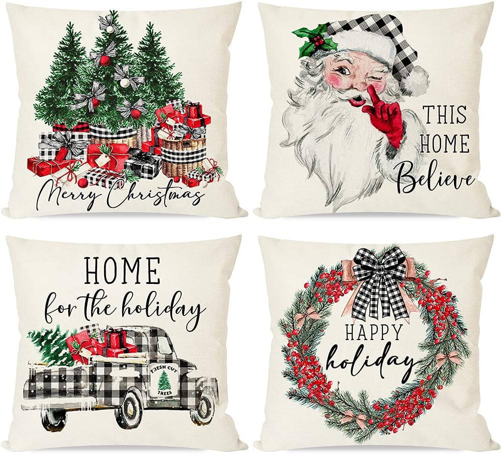 PANDICORN Farmhouse Christmas Pillow Covers 18x18 Set of 4 for Home Decorations, Black Buffalo Plaid Check Christmas Santa Claus Trees Truck Wreath, Winter Holiday Decor Throw Pillows Cases