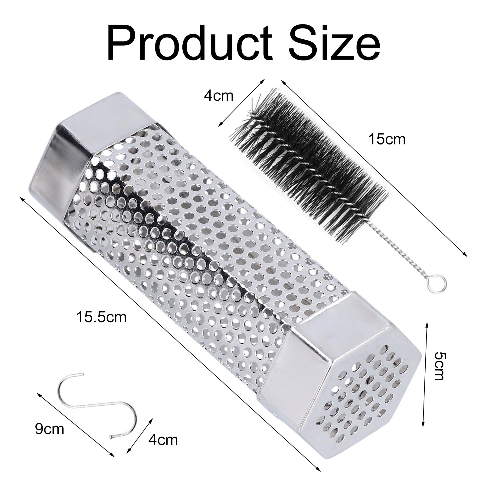 BBQ Smoker Tube, Tube de Fumage à Granulés pour Barbecue, Tube de Fumée Hexagonal en Acier Inoxydable, Tube Fumoir, avec 2 Crochets et 1 Brosse de Nettoyage, Fumage à Chaud/à Froid, pour Barbecue