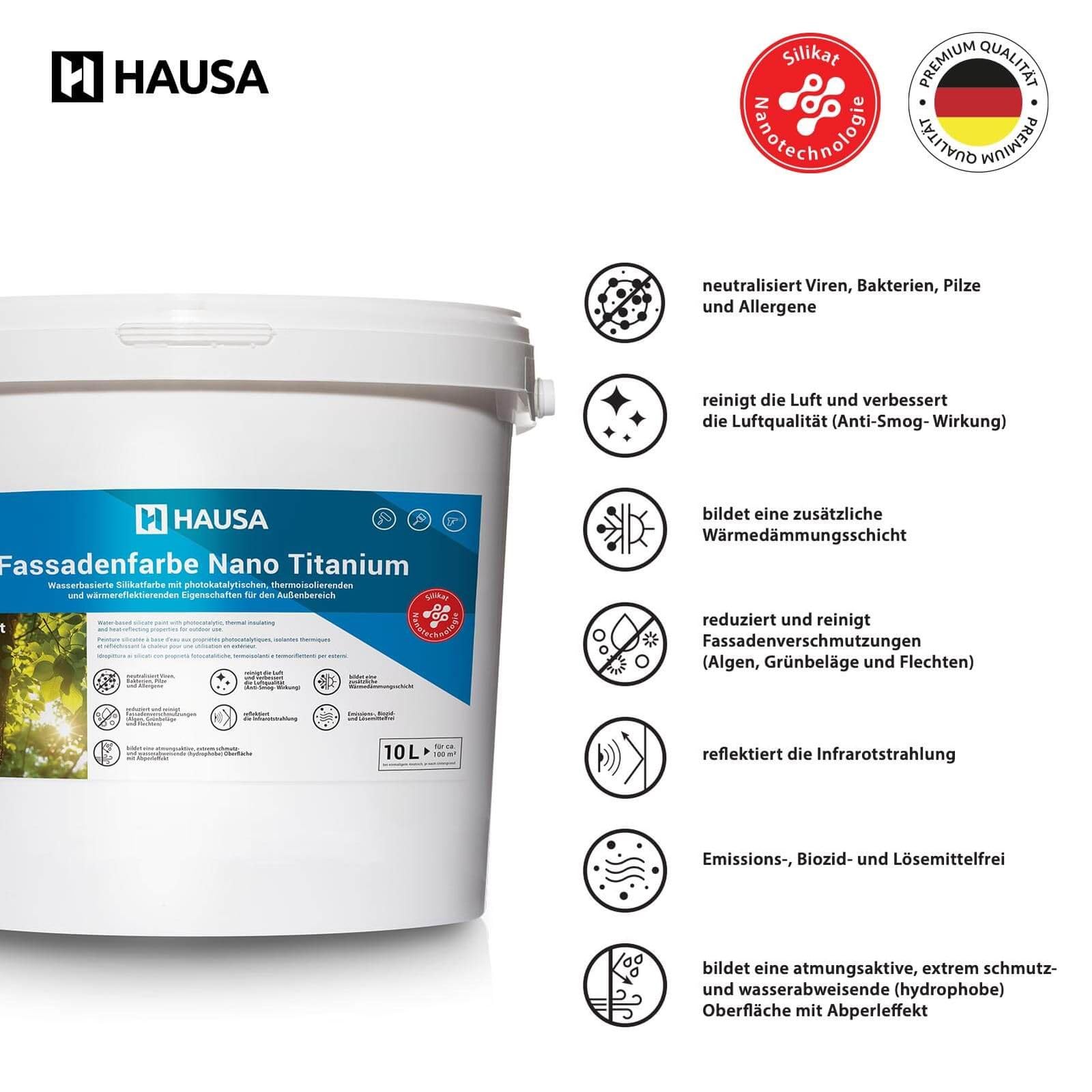 Hausa Fassadenfarbe Nano Titanium 10L weiß matt Wandfarbe für Außen mit Abperleffekt, extrem wetterbeständig, energiesparend thermoisolierend, reinigt die Luft (Anti-Smog Wirkung) algenresistent