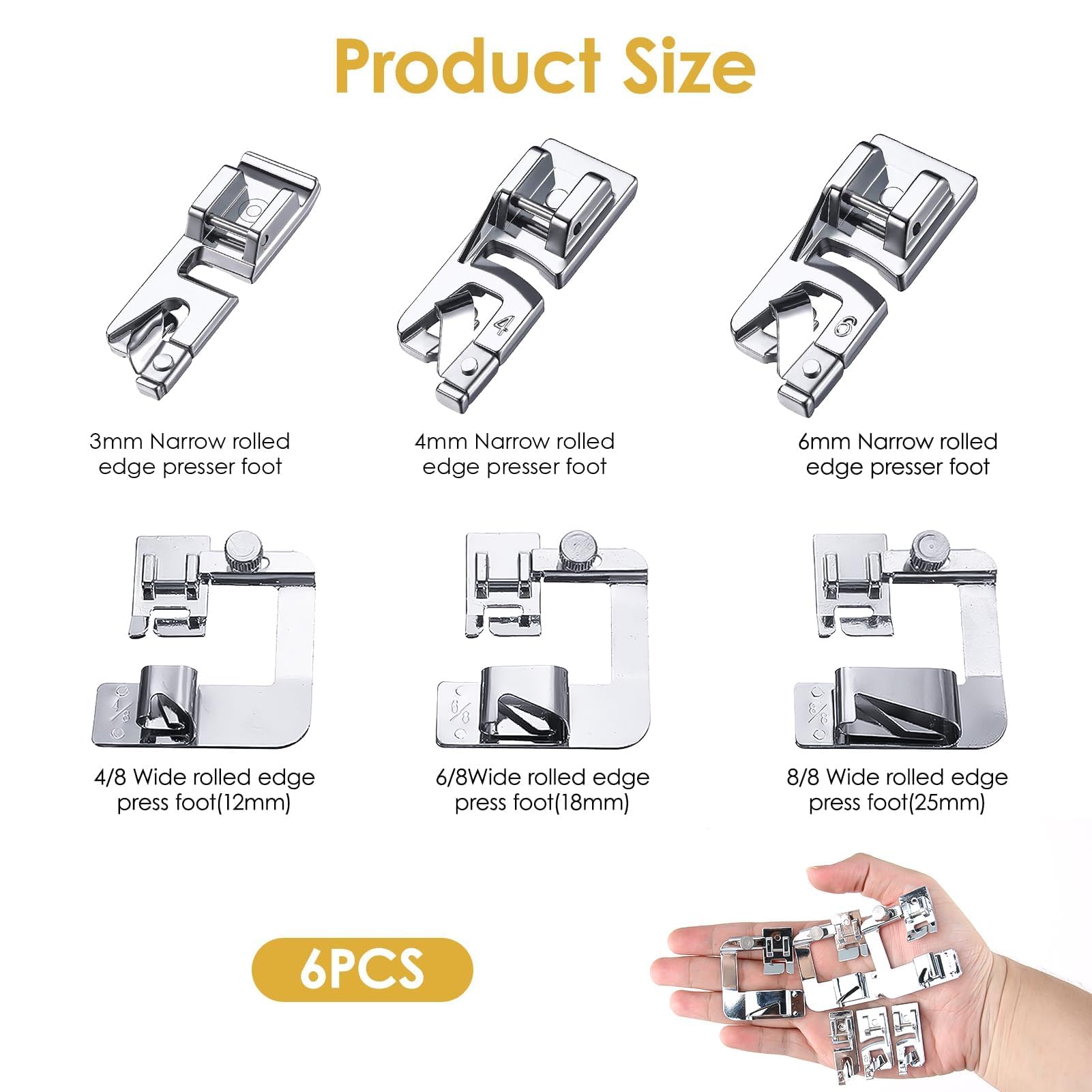 Set 6 Piedini Per Macchina Da Cucire - Orlatori E Per Orlo Arrotolato 3/4/6 Mm - Foto 7
