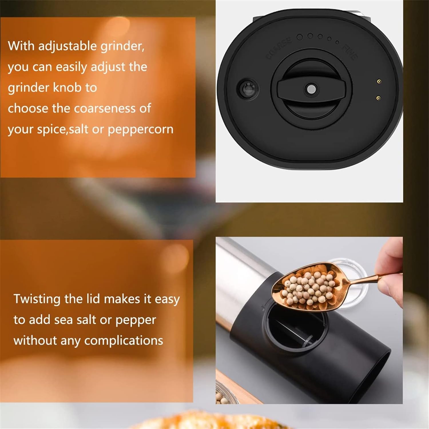 Salt Pepper Grinder Refillable Adjustable Coarseness Comfortable Grip Electric Salt Mill With Ceramic Core Light Electric Grinders Set With Charging Base