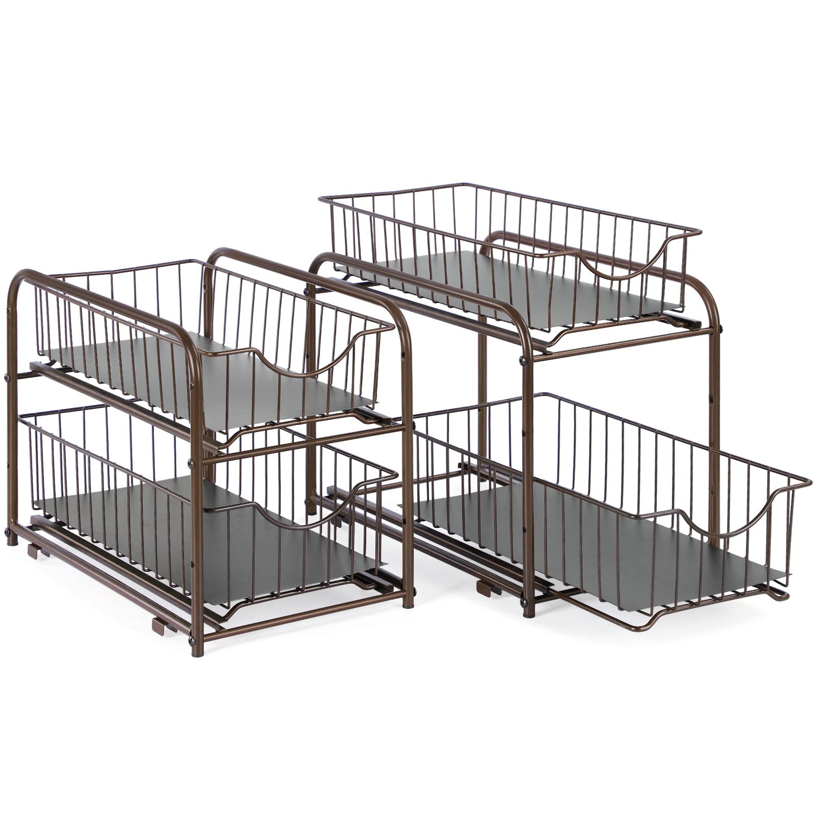 Lot de 2 Organiseur de Cuisine, Évier à 2 Étages avec Tiroir Coulissant, Porte-épices pour Comptoir de Cuisine, Rangement dans Placard, Organisateur pour Cuisine, Salle de Bain, Bureau, Marron