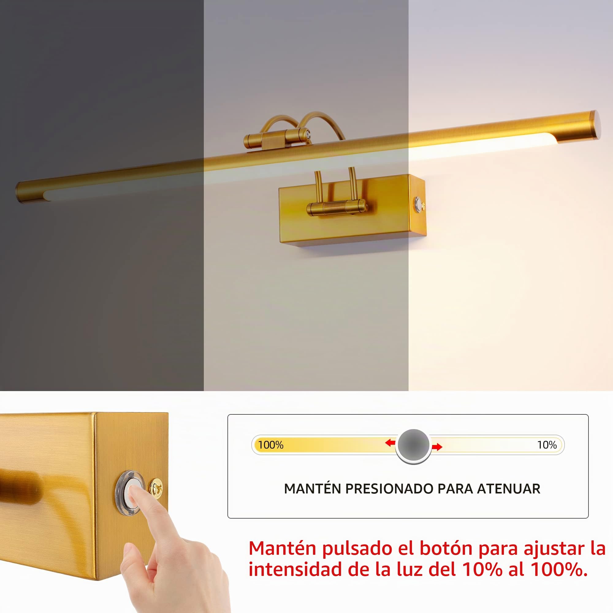 MantoLite Lámpara de Pared LED Regulable 15W, 60CM Interior Iluminación para Cuadros y Expositores, Cabeza Giratoria, Lectura, Latón Mate, Baño Espejo Apliques de Pared 3000K/4000K/6000K