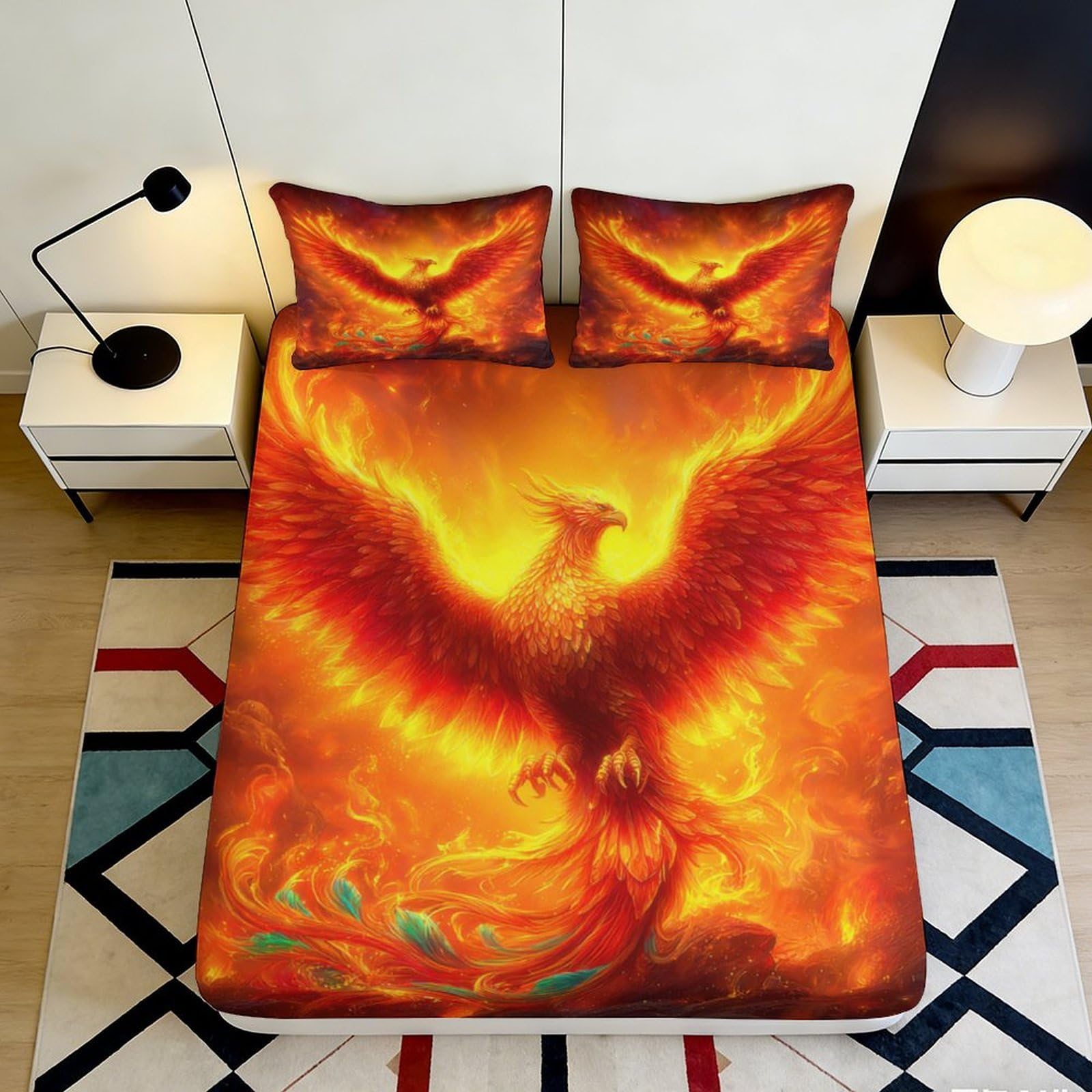 3D Printed Fiery Phoenix Fitted Sheet Microfiber Soft Bed Cover Flame Bird Mattress Cover for Bedroom Dorm Decor 90x200x25cm