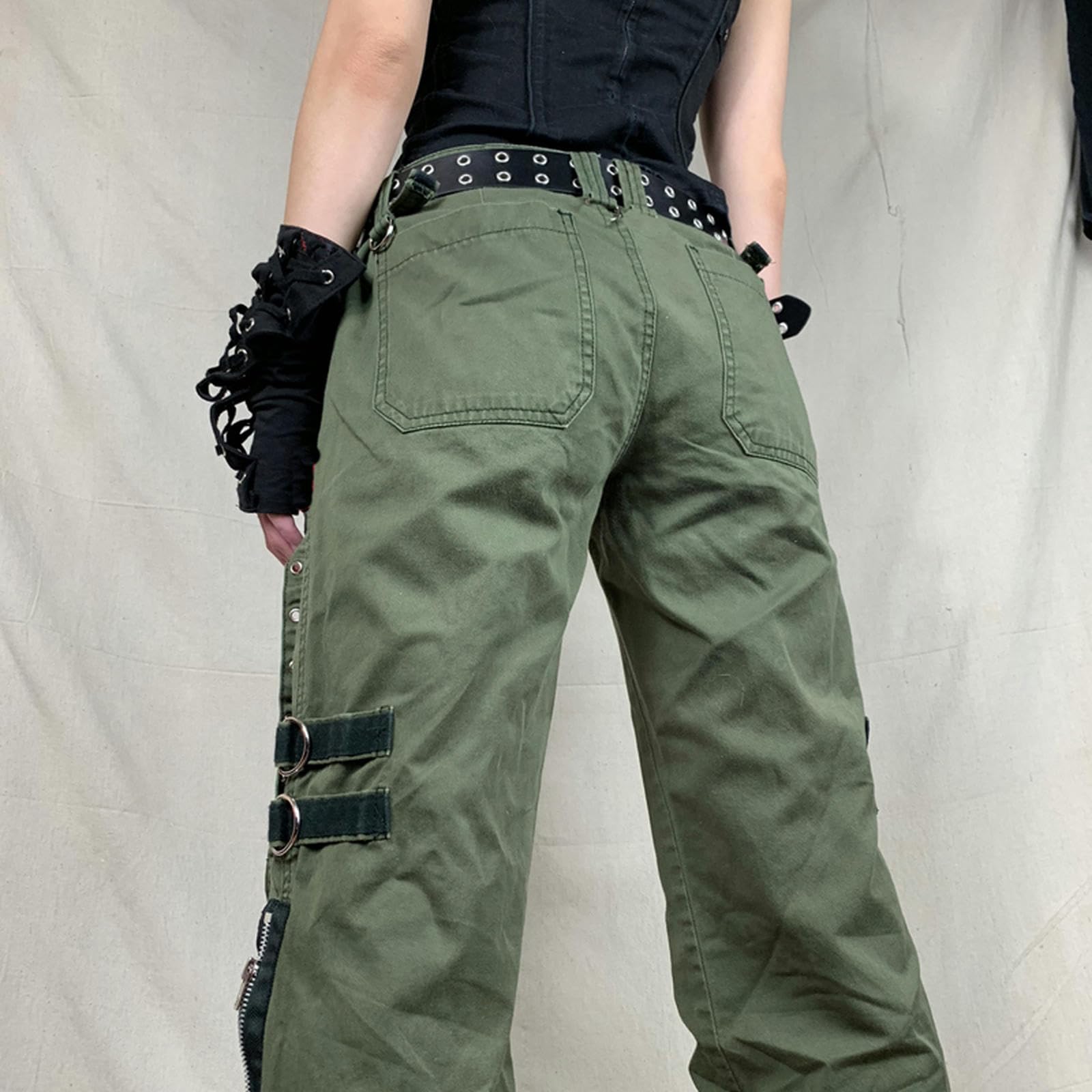 WEITING Pantalones De Mujer Goth Punk Sueltos Retro Kawaii Pantalones Vendaje De Tiro Bajo Pantalones Cargo Grunge Verde Cremallera Jeans Pantalones De Chándal Coreanos-Verde-M