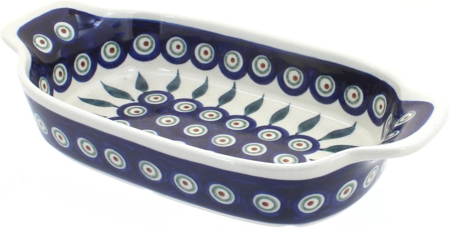 Blue Rose Polish Pottery - Blue Peacock Rectangular Serving Dish - 10" x 5.25" - Beautiful Dish for Bread, Salad, or Pasta