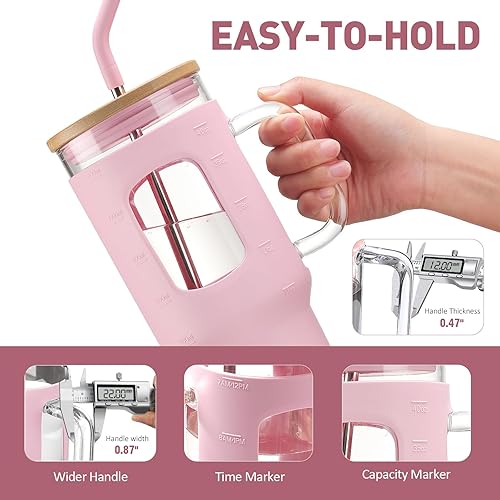 Miniatura 2 de Vaso de vidrio con popote y tapa, taza de vidrio de 40 oz con asa, botellas de agua de vidrio con marcador de tiempo, funda protectora de silicona,