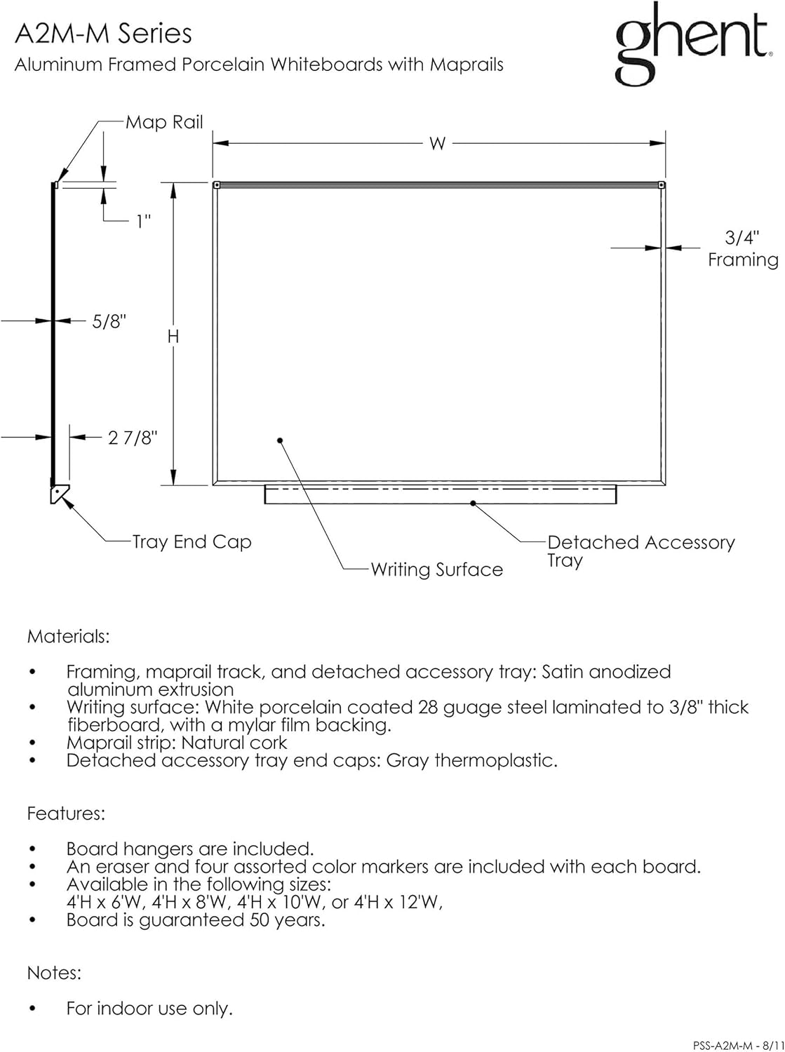 Ghent 4.5" x 1.5" Aluminum Frame Premium Porcelain Magnetic Whiteboard - 1" Maprail, 4 Markers & Eraser - Made in the USA