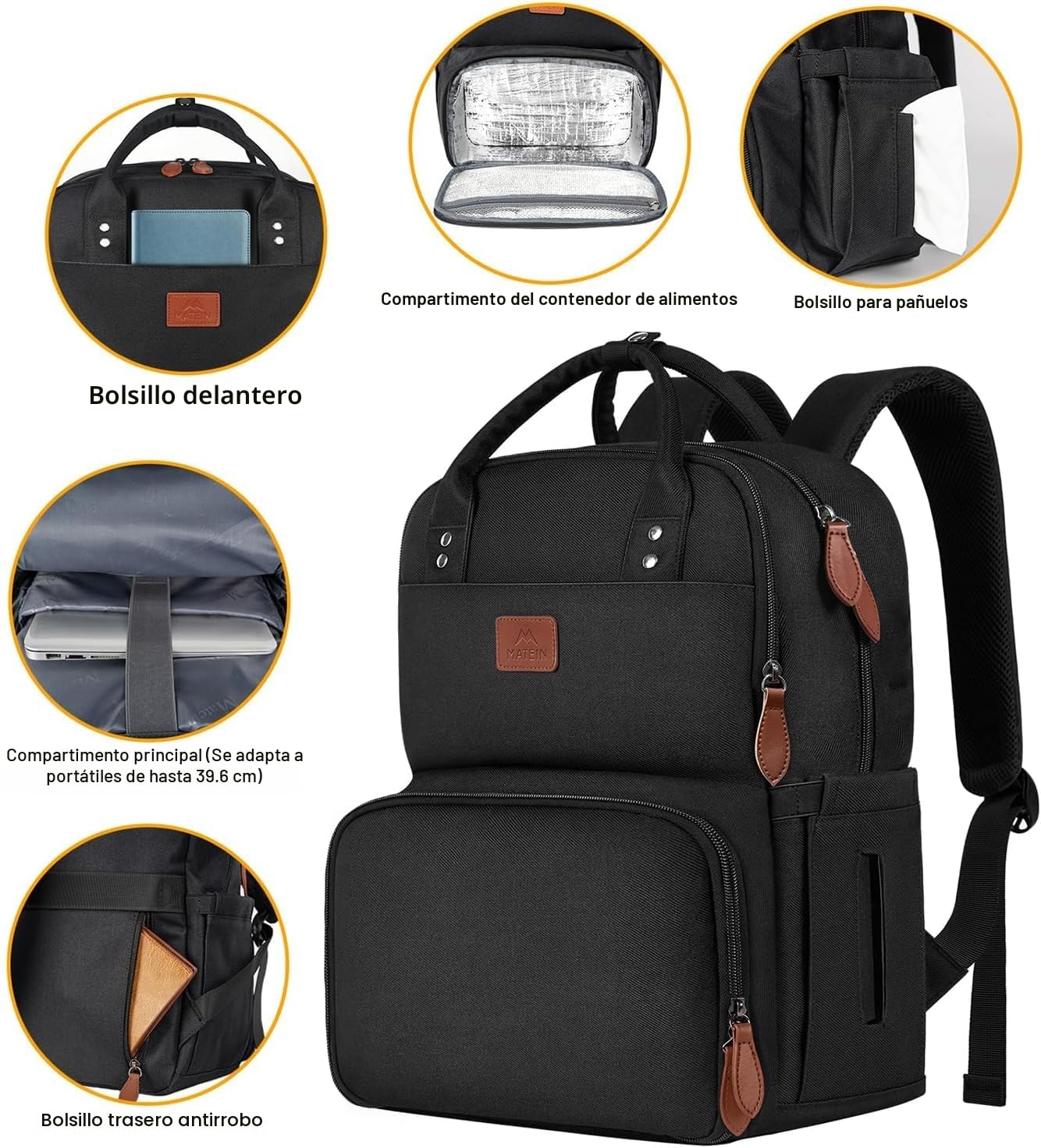 MATEIN Mochila de Picnic para Portatil de 15.6" con Compartimento Térmico para Almuerzo, Mochila Trabajo Mujer Impermeable, Lunch Backpack para Oficina, Camping y Viajes, Negro