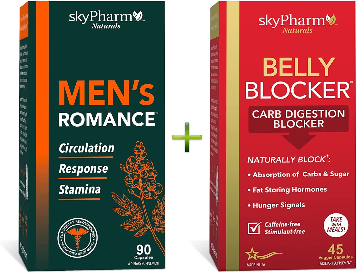 SkyPharm 2-Pack: Men's Romance + Belly Blocker - Men's Health Bundle for Energy, Endurance, & Carb Absorption