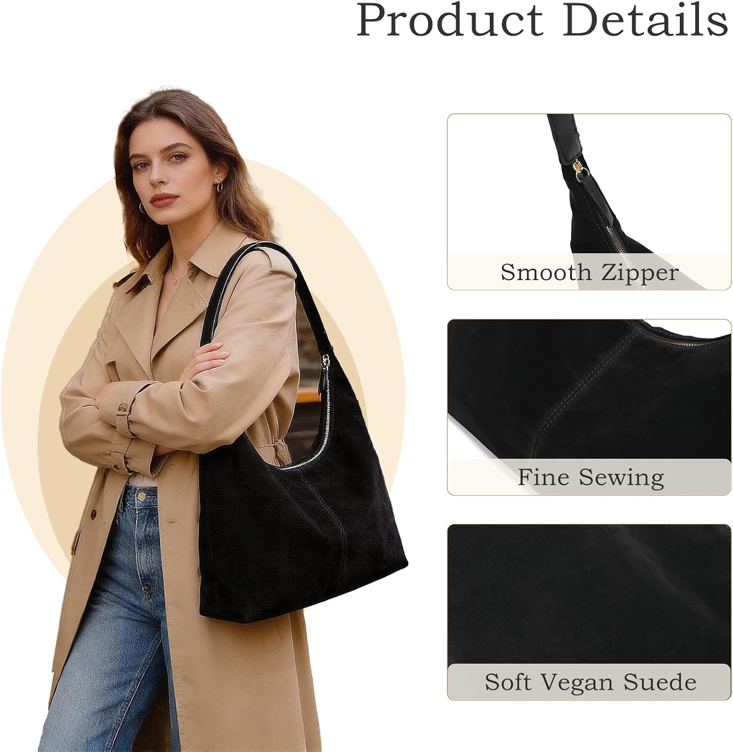 Suede Hobo Purse for Women, Large Capacity Shoulder Handbag Trendy Tote Bag with Zipper for Work Travel & Daily Use