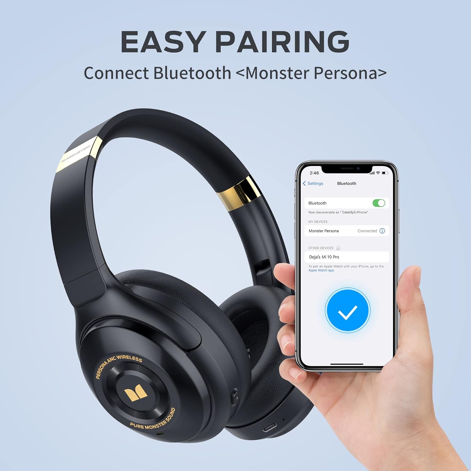 Monster Persona Noise Cancelling Headphones Wireless, Bluetooth Headphones Over Ear, Wireless Headphones Hi-Fi Audio Deep Bass,Quick Charge 30H Playtime, Memory Foam Ear Cups, for Travel, Home Office - Image 8