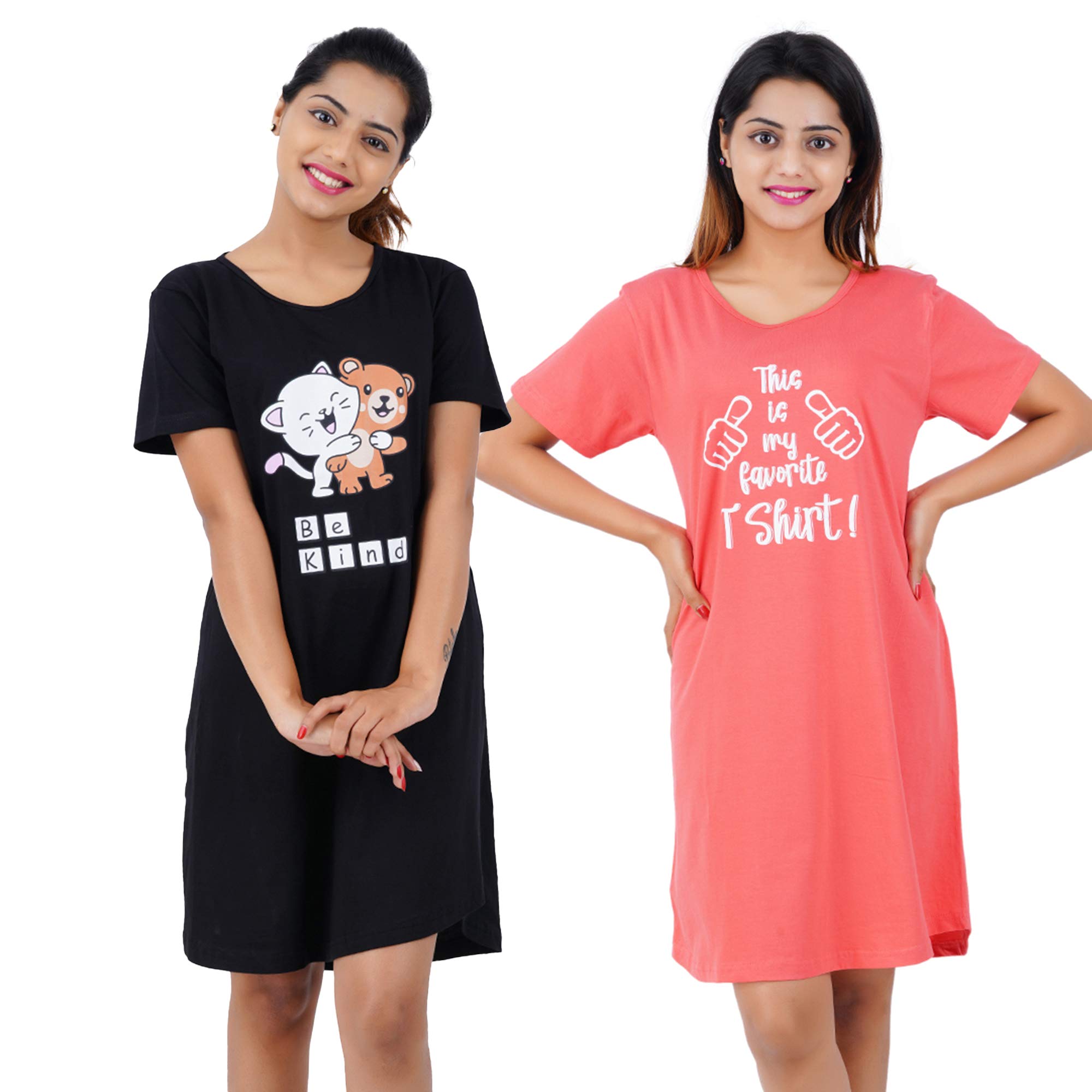 Buy That Trendz Printed Cotton Short Night Dress for Women 2 Pcs Combo Be Kind Black This is My Favorite T-Shirt Tomato Red