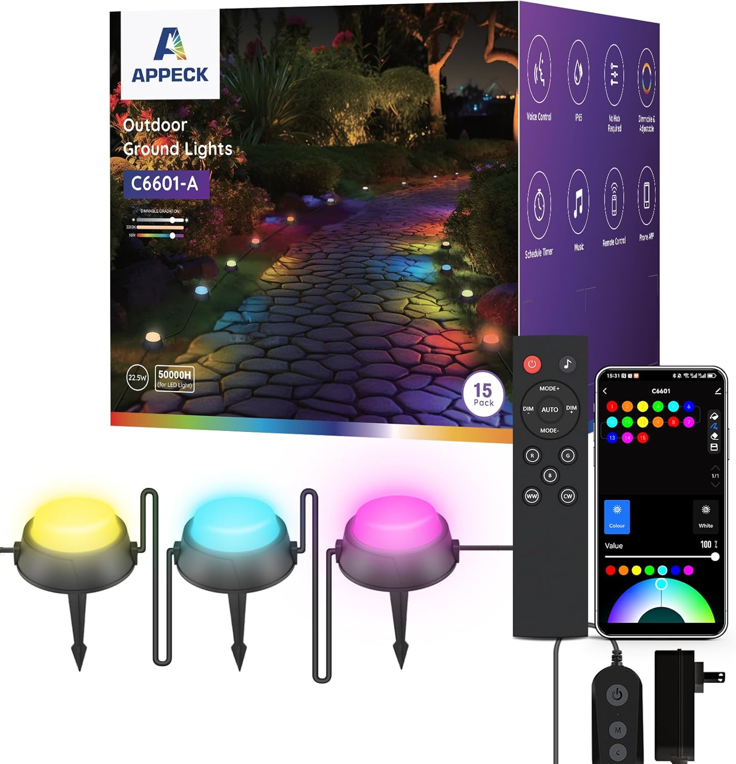 APPECK Smart Outdoor Ground Lights 15 Pack, 32FT RGBW Color Changing Pathway Lights Wired, IP65 Waterproof Landscape Lighting, for Path Yard Lawn Patio Holiday Party Decor, with App & Alexa Control