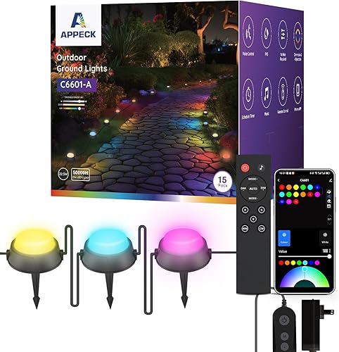APPECK Paquete de 15 luces inteligentes de suelo para exteriores, luces RGBW de 32 pies que cambian de color con cable, iluminación de paisaje