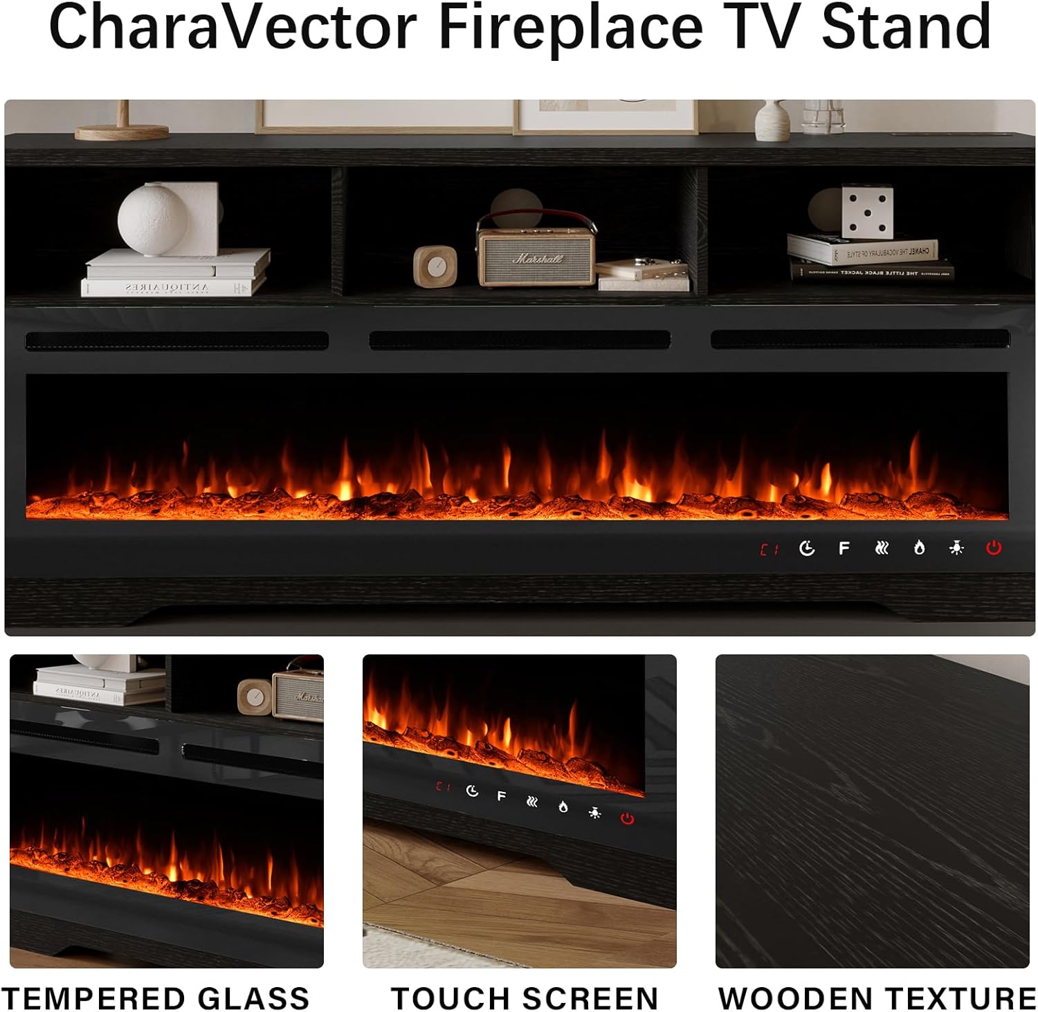 CharaVector Fireplace TV Stand with 60" Glass Electric Fireplace, Entertainment Center with Power Outlets for Up to 75" TVs, Black TV Cabinet with 3 Open Storage Cabinets, TV Console for Living Room