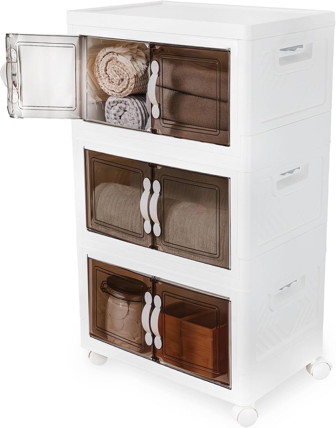 DALMAN 26QT Stackable Storage Bins with Lids - 3 Tier Wheeled Shelf Organizer Plastic Containers with Lids - Multipurpose Storage and Organization Shelving Unit with Magnetic Closure