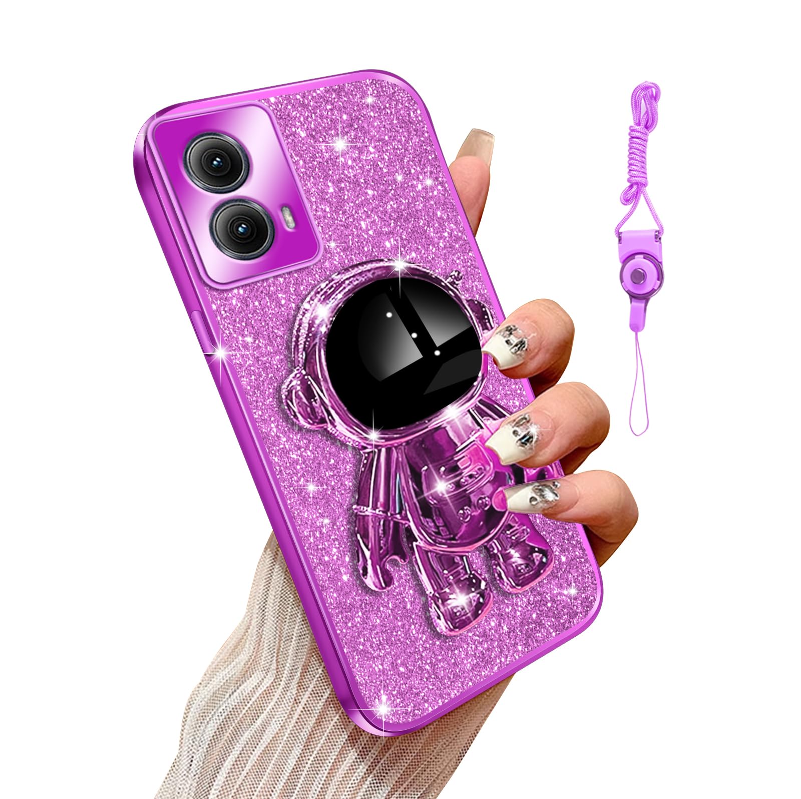 Annyojo Shiny Astronaut Phone Case for Motorola Edge 5G 2024 - Sparkle Glitter Case for Women Girls with 6D Hidden Kickstand, Bling Electroplated