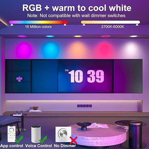 Miniatura 2 de Luces LED negras de 56 pulgadas que cambian de color, paquete de 12 luces LED empotradas, 13 W, 1050 lm, luz empotrada inteligente, compatible con