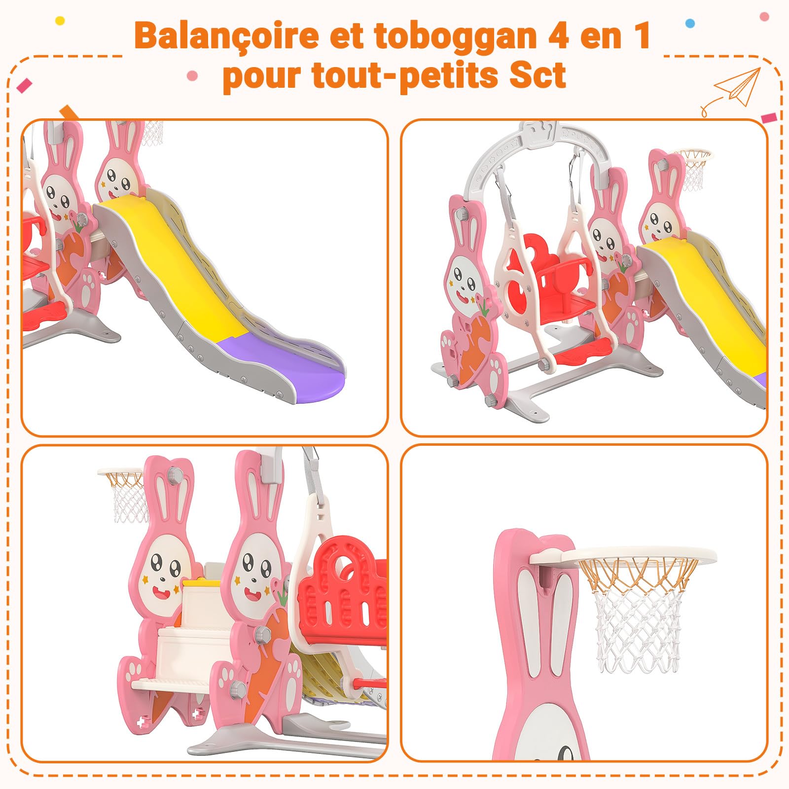 Toboggan 4 En 1 Pour Enfants Avec Balançoire, Panier De Basket Et échelle - Pour Intérieur Et Extérieur - Âge 1-6 Ans - HDPE Robuste
