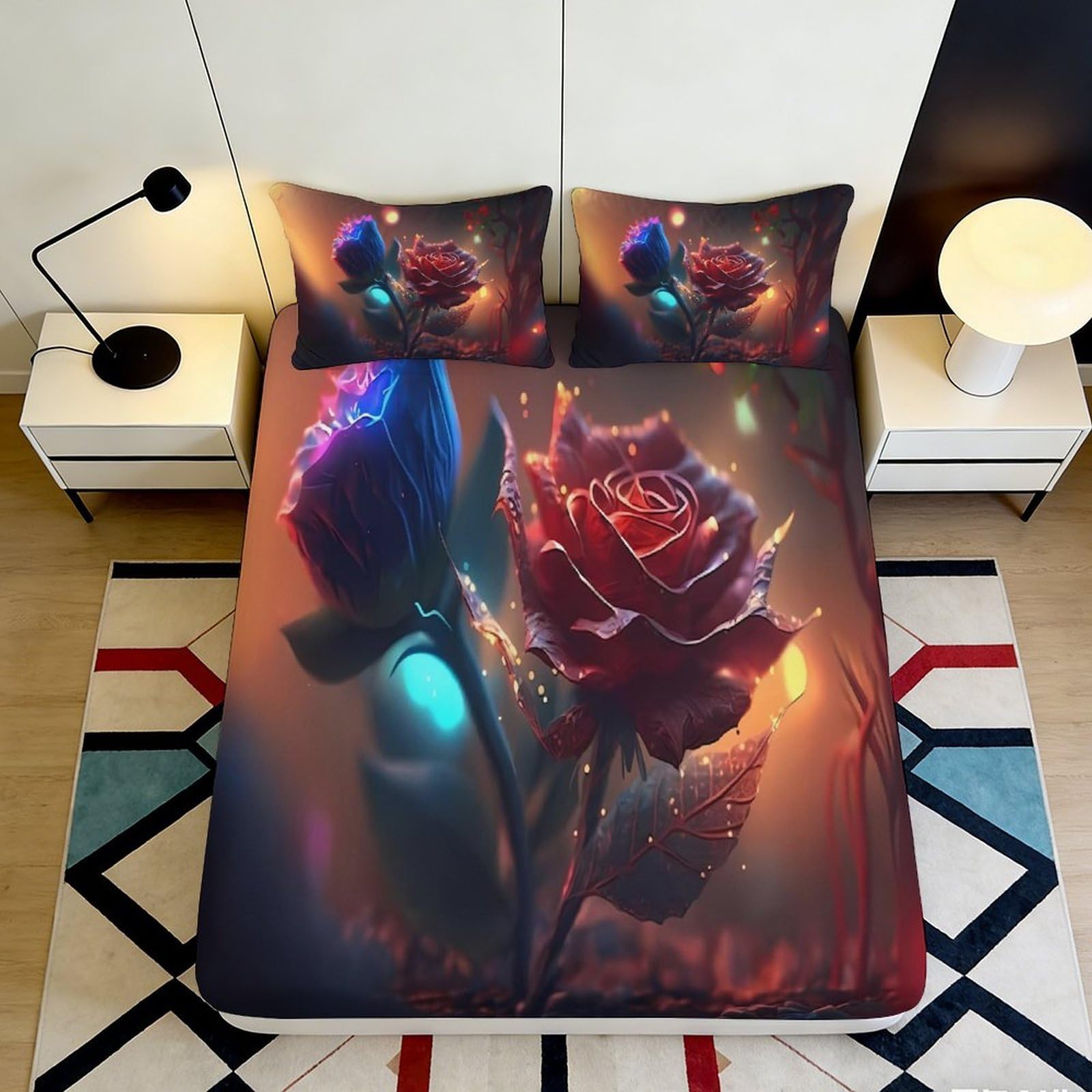 3D Printed artistic rose Fitted Sheet, Microfiber soft touch, wrinkle resistant, stylish room accent for bedroom, apartment bedding 90x200x25cm
