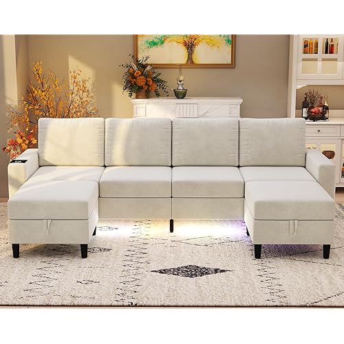 Sectional Couches for Living Room, 6 Seat Chenille Sectional Sofa with Smart Module-Wireless Charging/USB/Type-C/RGB Light, U Shaped Couch with 2 Movable Storage Ottomans (Beige)
