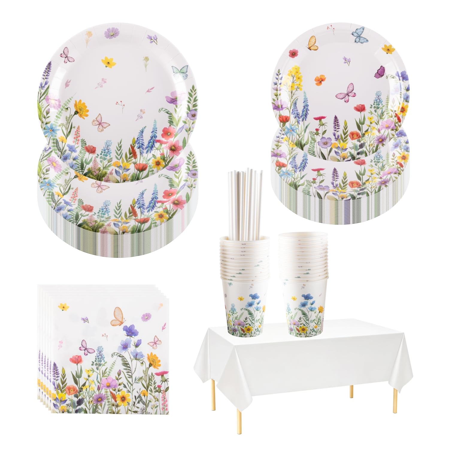 Wildflower Floral Party Tableware Set for 25 Guests, 7/9 Inch Paper Plates, Paper Napkins and Tablecloth, Ideal for Afternoon Tea, Wedding, Birthday, Baby Shower, UK Party Supplies (152 PCS )