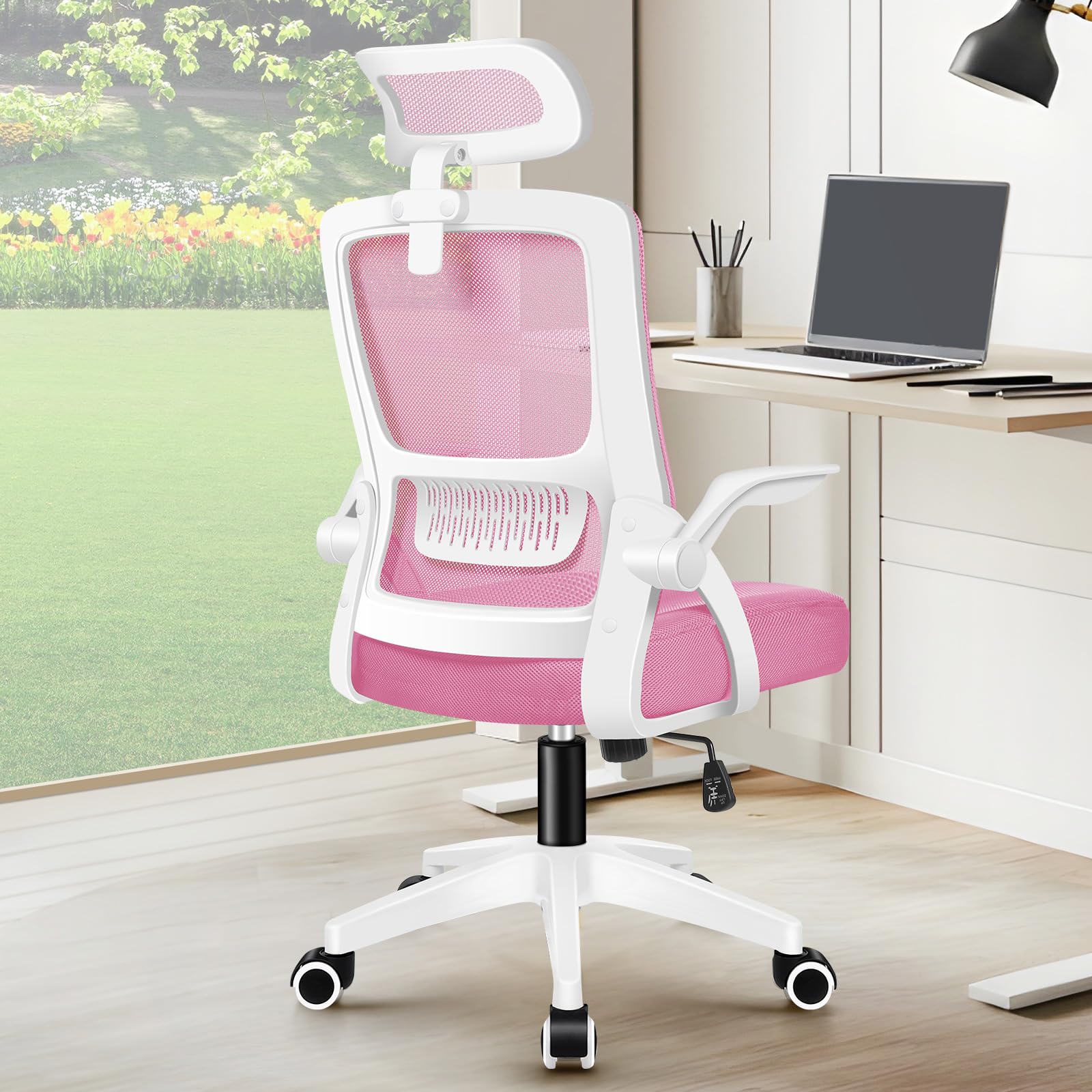 ALFORDSON Bürostuhl Chefsessel Netzstuhl ergonomisch Schreibtischstuhl Wippfunktion höhenverstellbarer,360° Drehstuhl, Computerstuhl Besprechungsstuhl,klappbare Armlehnen,180kg bis belastbar, Rosa