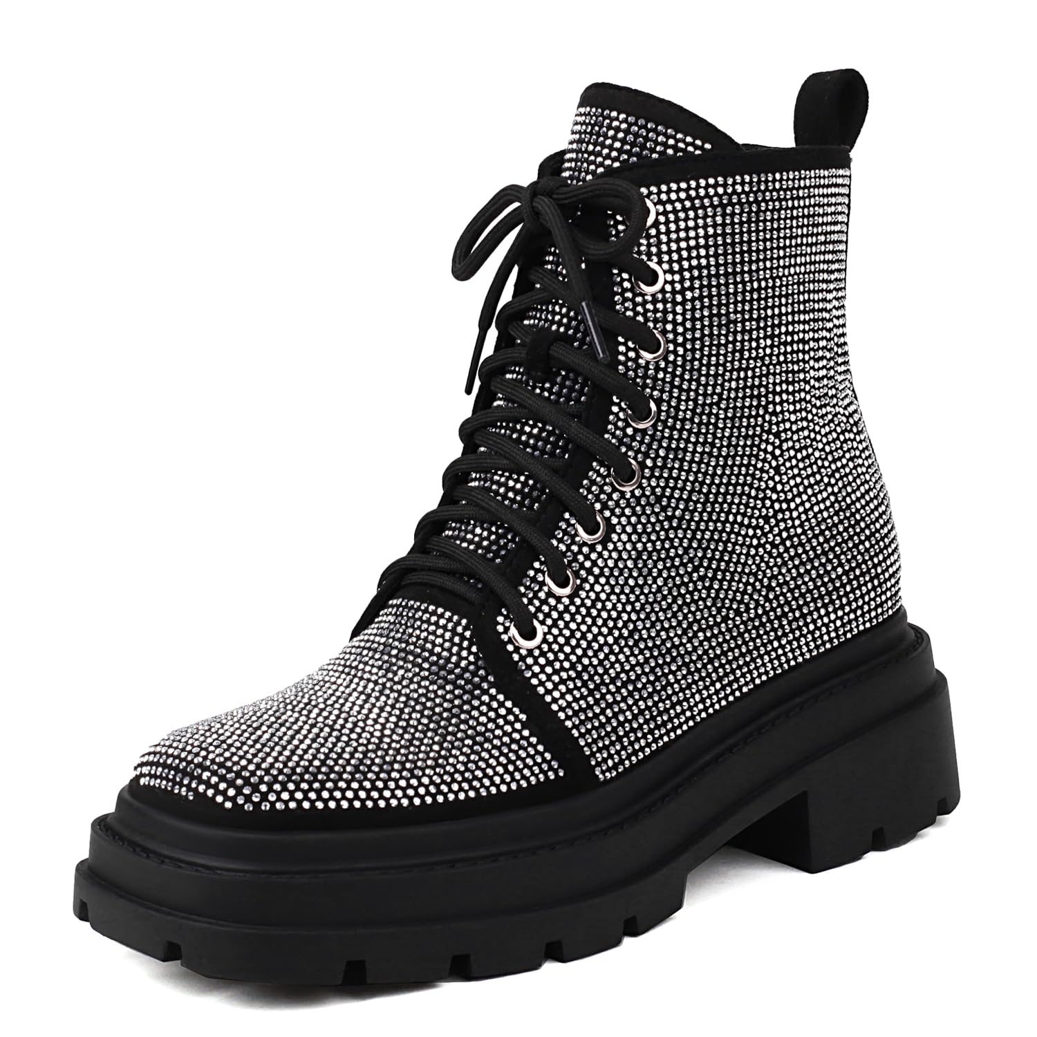 Photo 1 of Women's Rhinestone Sparkly Boots Platform Chunky Lace Up Ankle Booties 7 Black